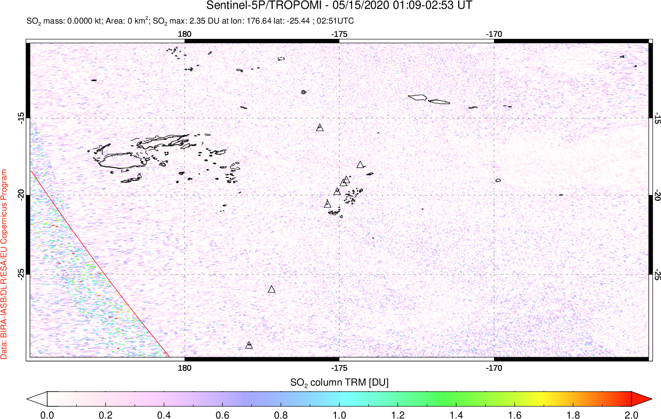 A sulfur dioxide image over Tonga, South Pacific on May 15, 2020.