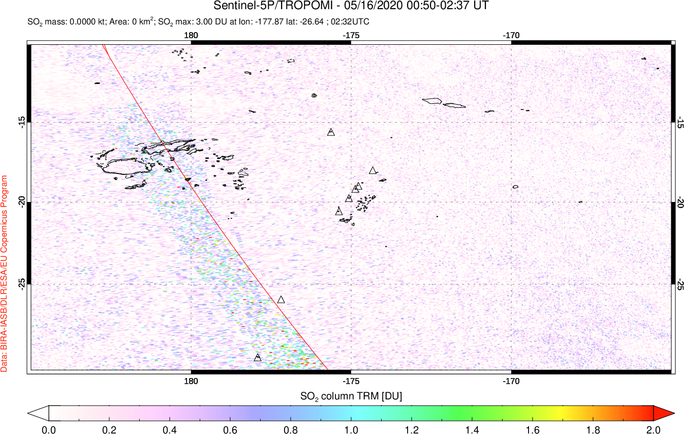 A sulfur dioxide image over Tonga, South Pacific on May 16, 2020.