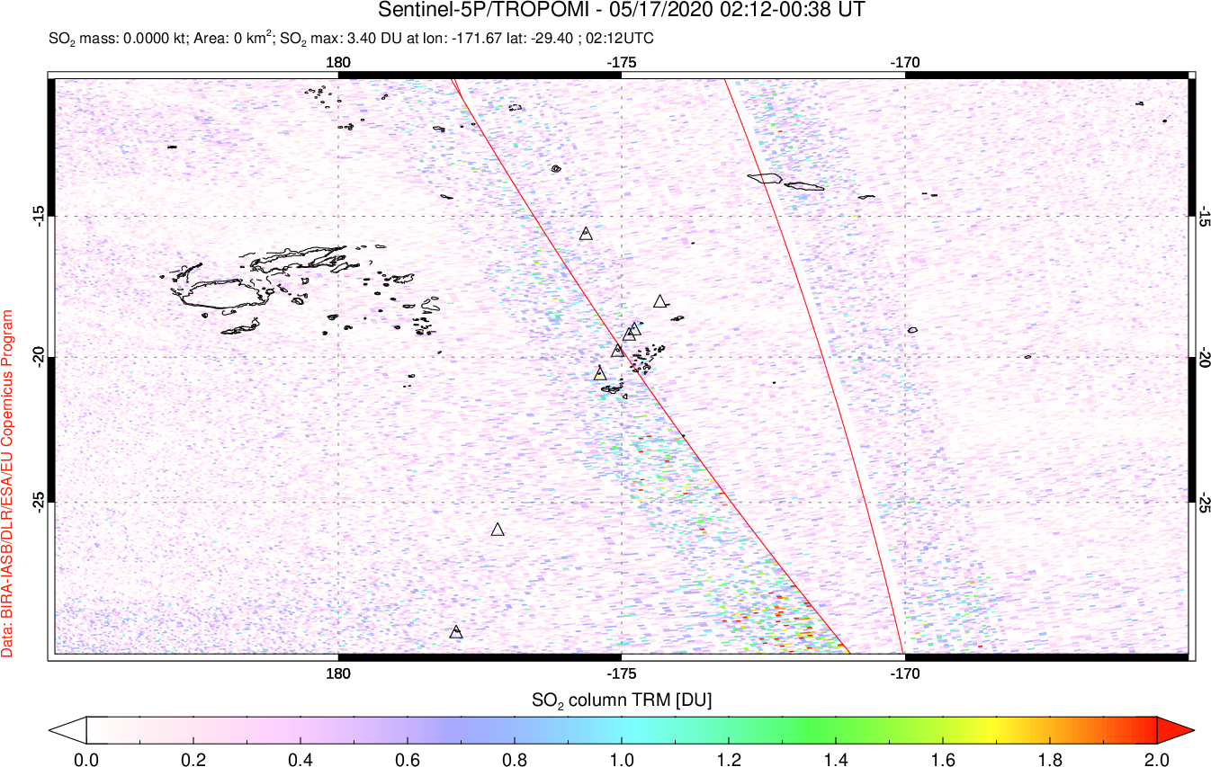 A sulfur dioxide image over Tonga, South Pacific on May 17, 2020.
