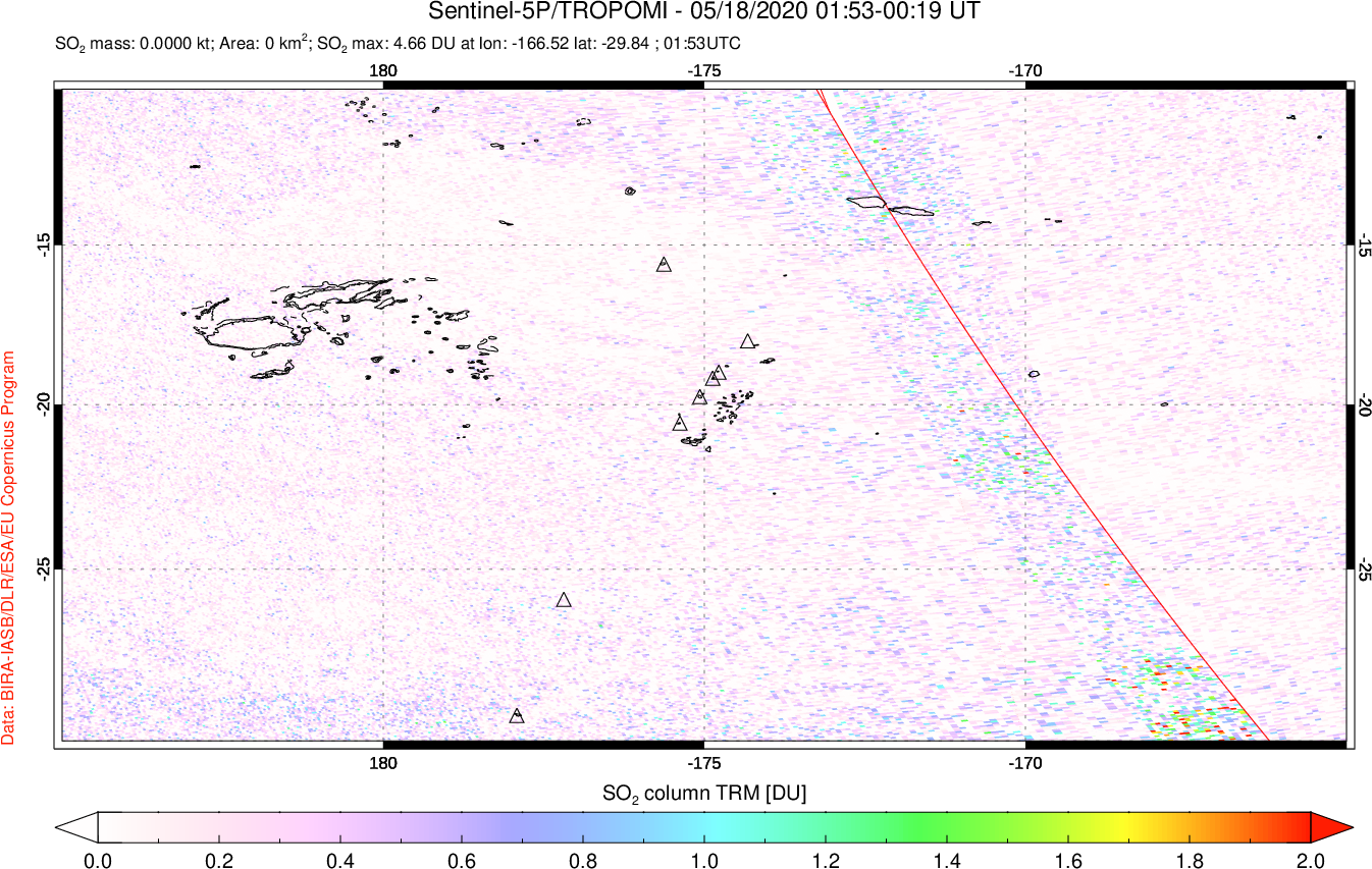 A sulfur dioxide image over Tonga, South Pacific on May 18, 2020.
