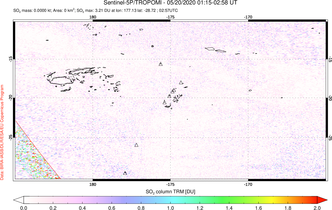 A sulfur dioxide image over Tonga, South Pacific on May 20, 2020.