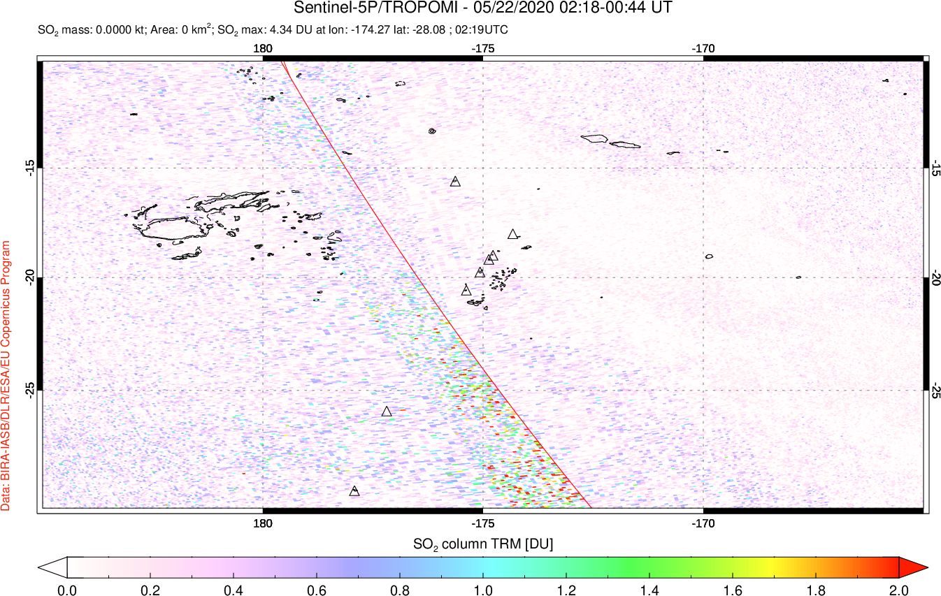 A sulfur dioxide image over Tonga, South Pacific on May 22, 2020.
