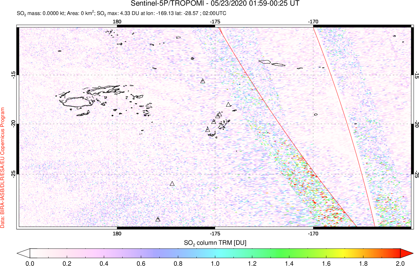 A sulfur dioxide image over Tonga, South Pacific on May 23, 2020.