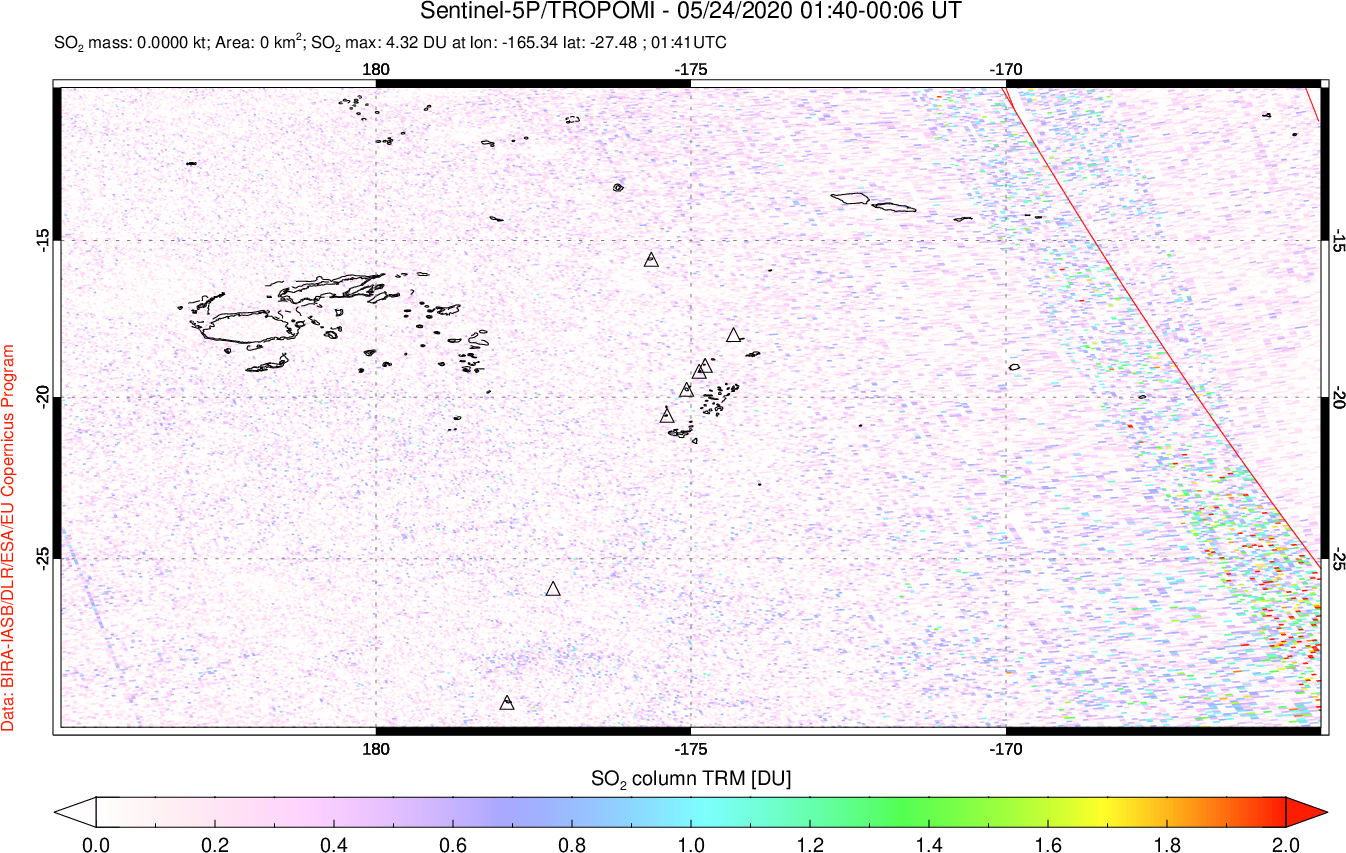 A sulfur dioxide image over Tonga, South Pacific on May 24, 2020.