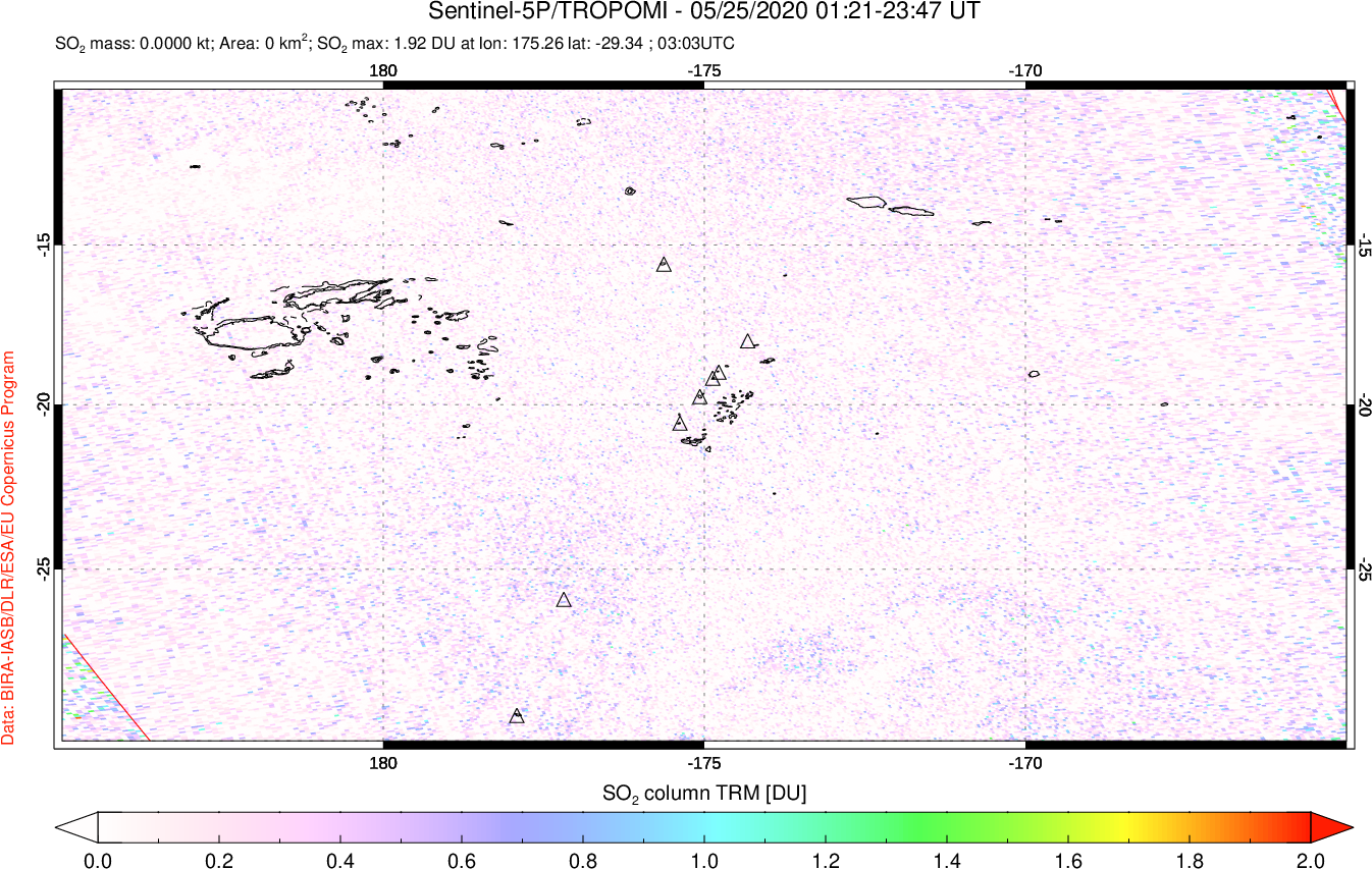 A sulfur dioxide image over Tonga, South Pacific on May 25, 2020.