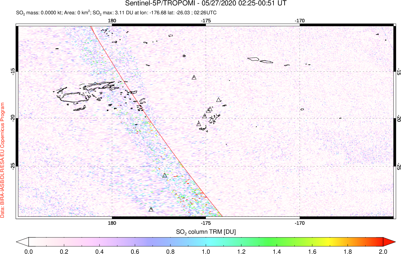 A sulfur dioxide image over Tonga, South Pacific on May 27, 2020.