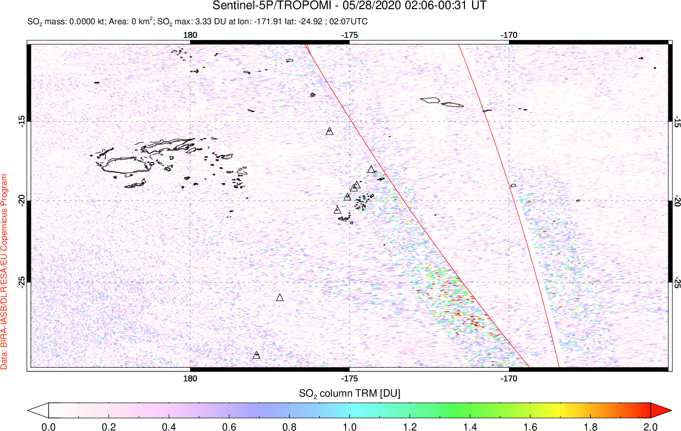 A sulfur dioxide image over Tonga, South Pacific on May 28, 2020.