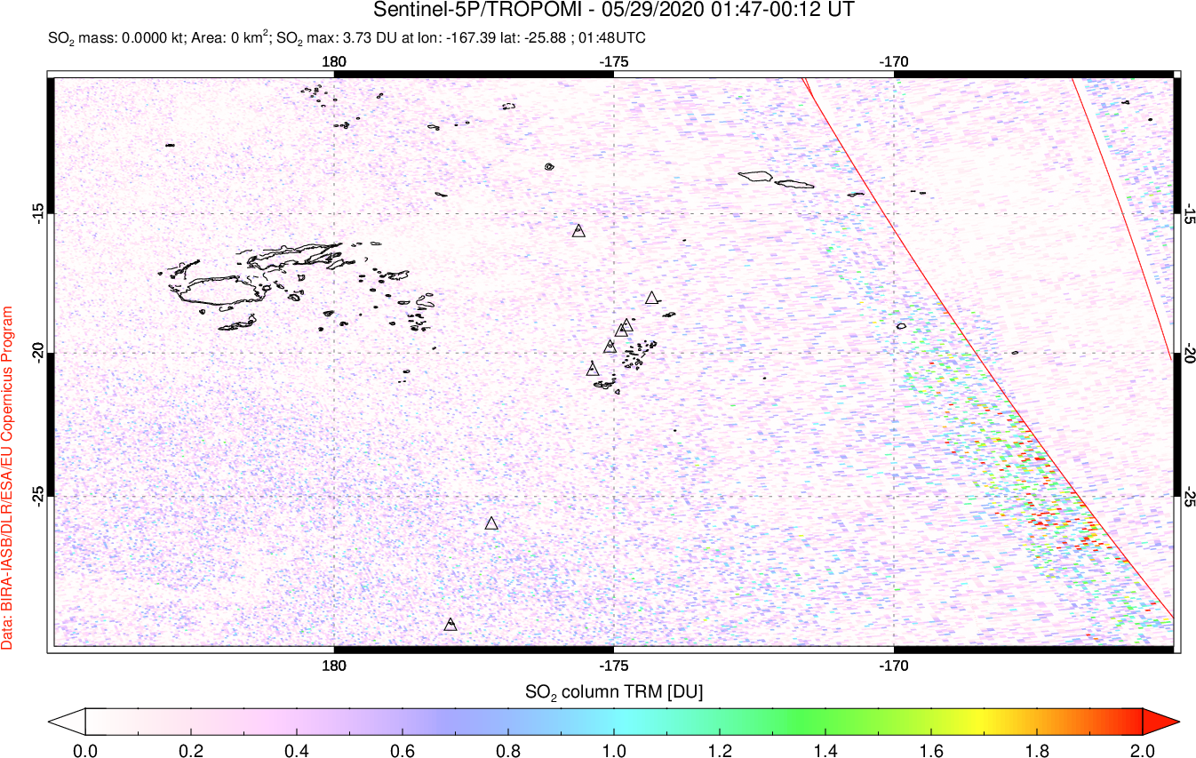A sulfur dioxide image over Tonga, South Pacific on May 29, 2020.
