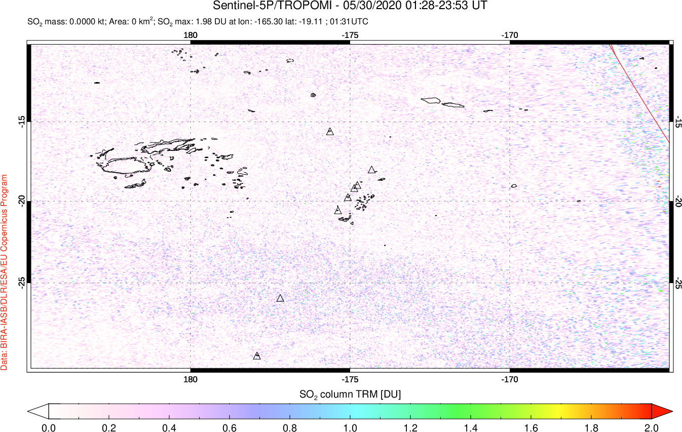 A sulfur dioxide image over Tonga, South Pacific on May 30, 2020.