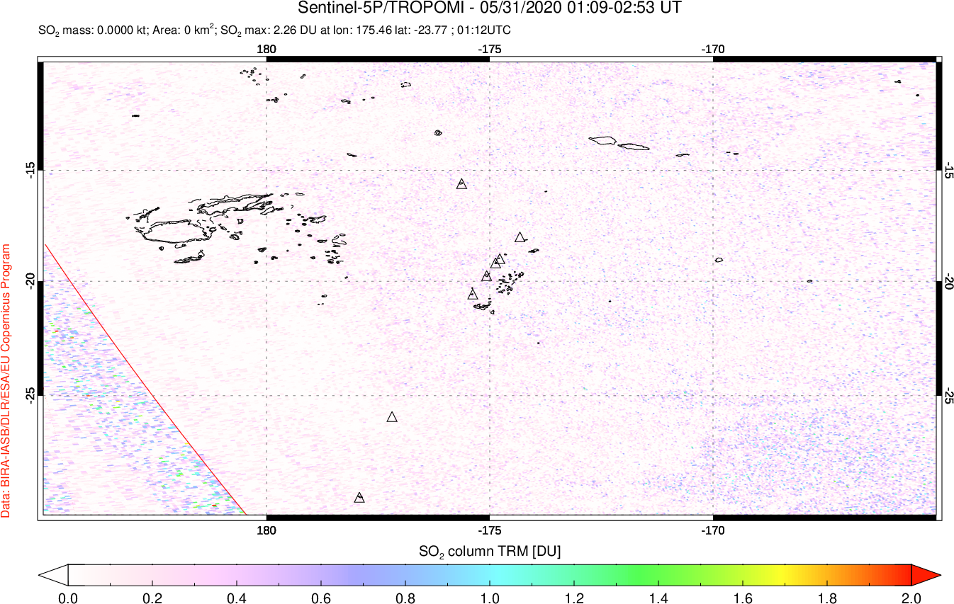 A sulfur dioxide image over Tonga, South Pacific on May 31, 2020.