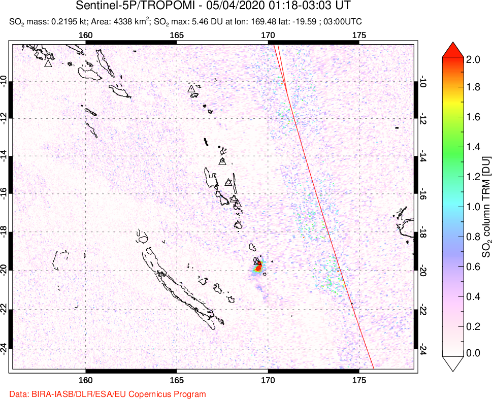 A sulfur dioxide image over Vanuatu, South Pacific on May 04, 2020.