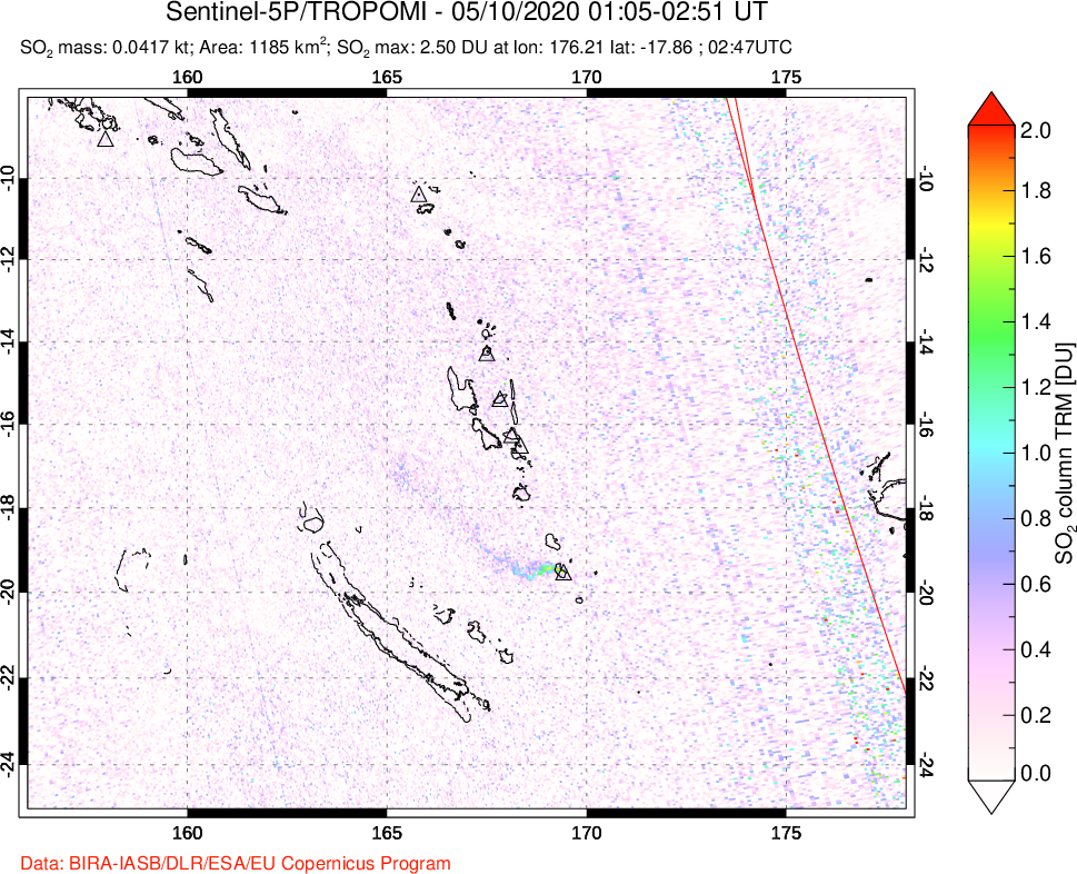 A sulfur dioxide image over Vanuatu, South Pacific on May 10, 2020.