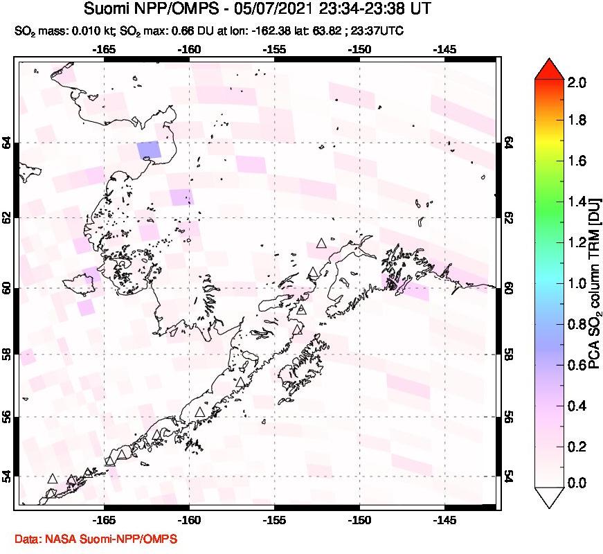 A sulfur dioxide image over Alaska, USA on May 07, 2021.