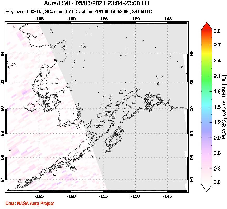 A sulfur dioxide image over Alaska, USA on May 03, 2021.