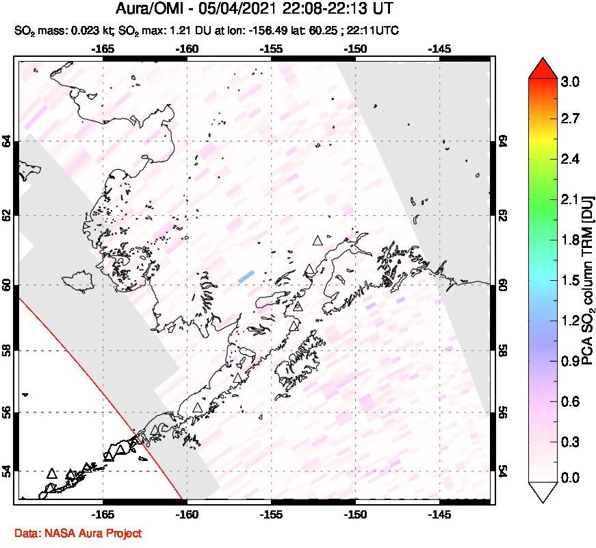A sulfur dioxide image over Alaska, USA on May 04, 2021.