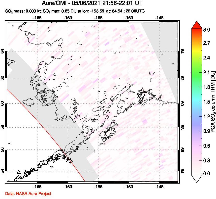 A sulfur dioxide image over Alaska, USA on May 06, 2021.