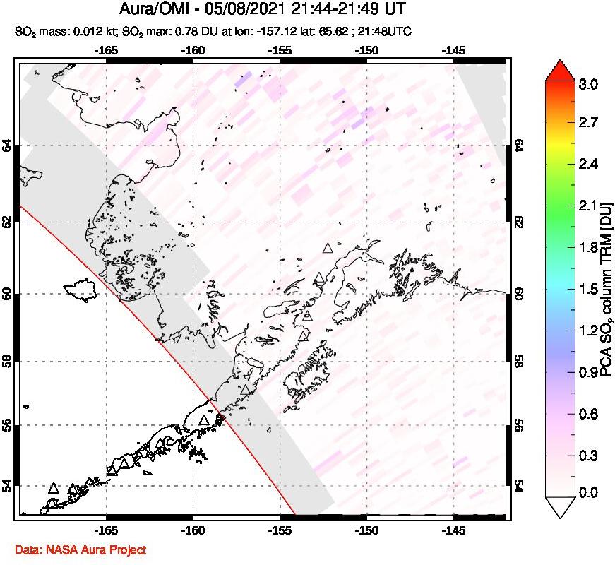 A sulfur dioxide image over Alaska, USA on May 08, 2021.