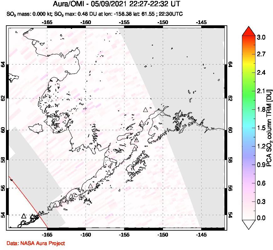 A sulfur dioxide image over Alaska, USA on May 09, 2021.