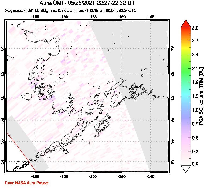 A sulfur dioxide image over Alaska, USA on May 25, 2021.
