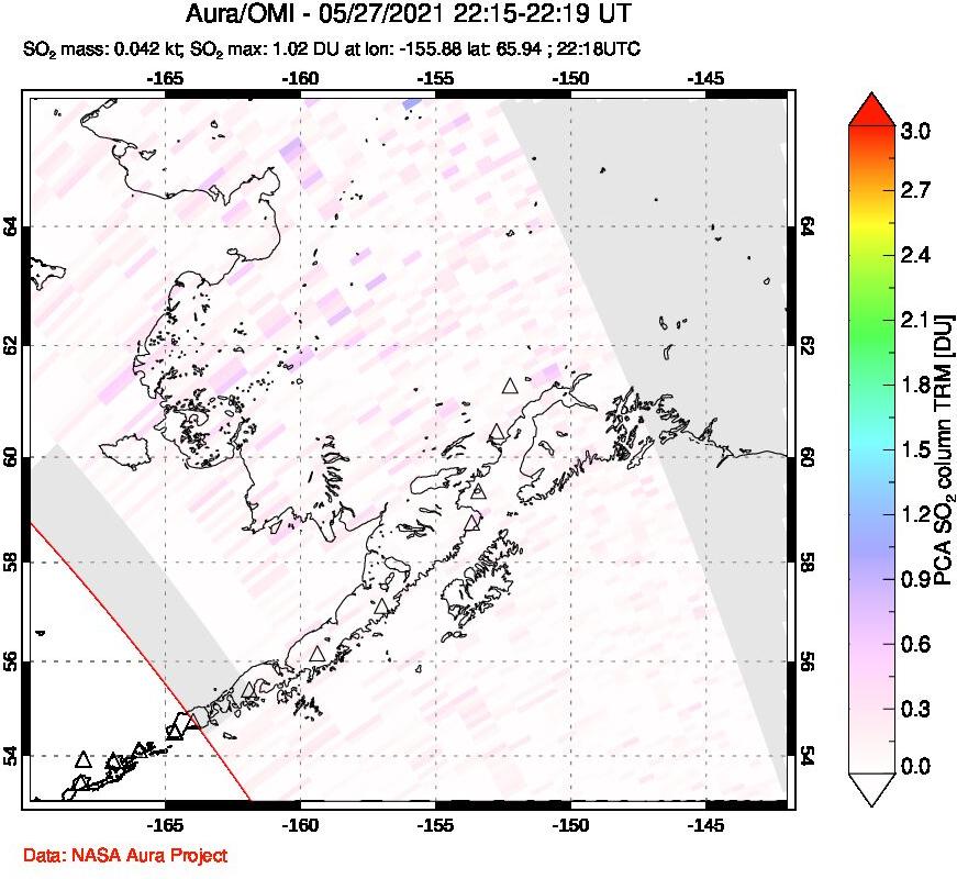 A sulfur dioxide image over Alaska, USA on May 27, 2021.