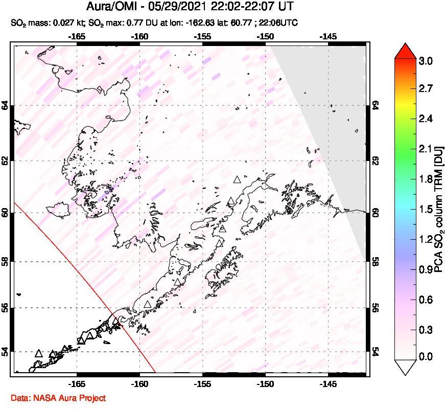 A sulfur dioxide image over Alaska, USA on May 29, 2021.