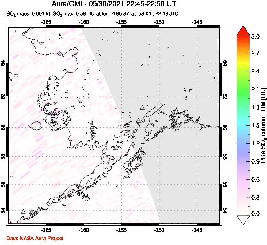 A sulfur dioxide image over Alaska, USA on May 30, 2021.