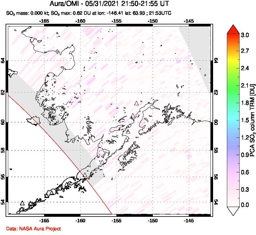 A sulfur dioxide image over Alaska, USA on May 31, 2021.