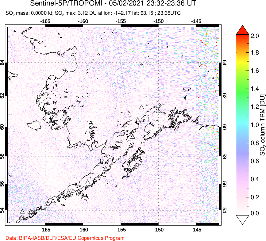 A sulfur dioxide image over Alaska, USA on May 02, 2021.