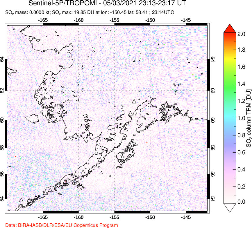 A sulfur dioxide image over Alaska, USA on May 03, 2021.