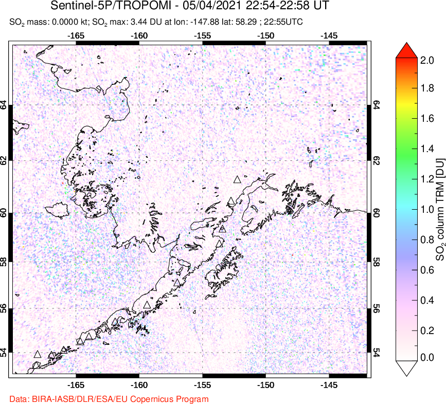 A sulfur dioxide image over Alaska, USA on May 04, 2021.