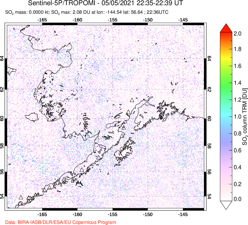 A sulfur dioxide image over Alaska, USA on May 05, 2021.