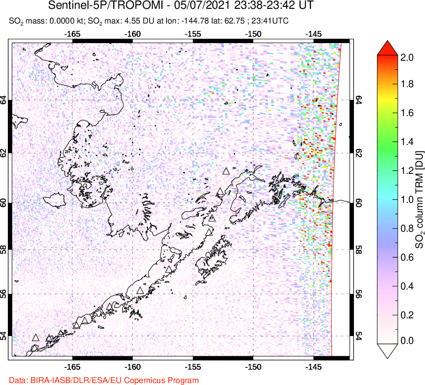 A sulfur dioxide image over Alaska, USA on May 07, 2021.