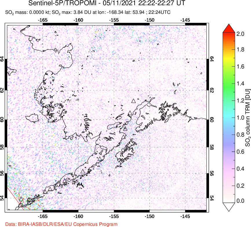 A sulfur dioxide image over Alaska, USA on May 11, 2021.