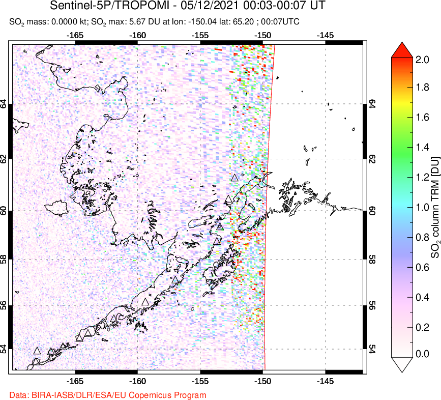 A sulfur dioxide image over Alaska, USA on May 12, 2021.