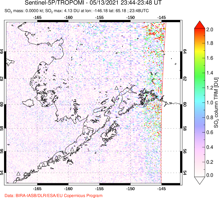 A sulfur dioxide image over Alaska, USA on May 13, 2021.