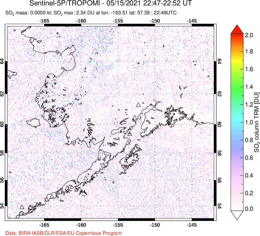 A sulfur dioxide image over Alaska, USA on May 15, 2021.
