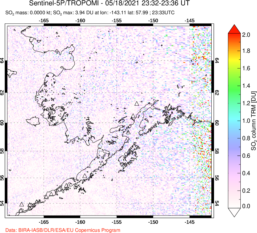 A sulfur dioxide image over Alaska, USA on May 18, 2021.