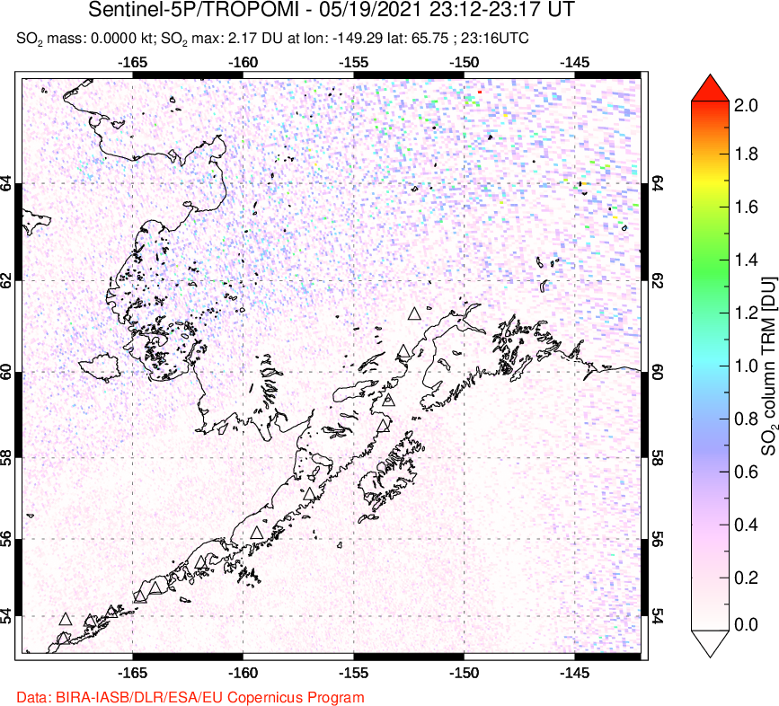 A sulfur dioxide image over Alaska, USA on May 19, 2021.