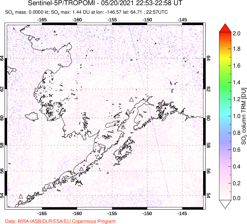 A sulfur dioxide image over Alaska, USA on May 20, 2021.