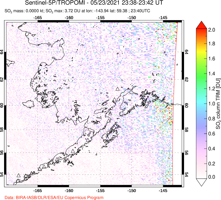 A sulfur dioxide image over Alaska, USA on May 23, 2021.