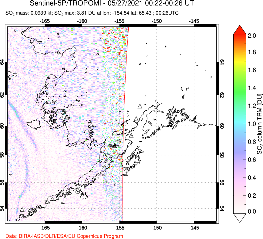 A sulfur dioxide image over Alaska, USA on May 27, 2021.