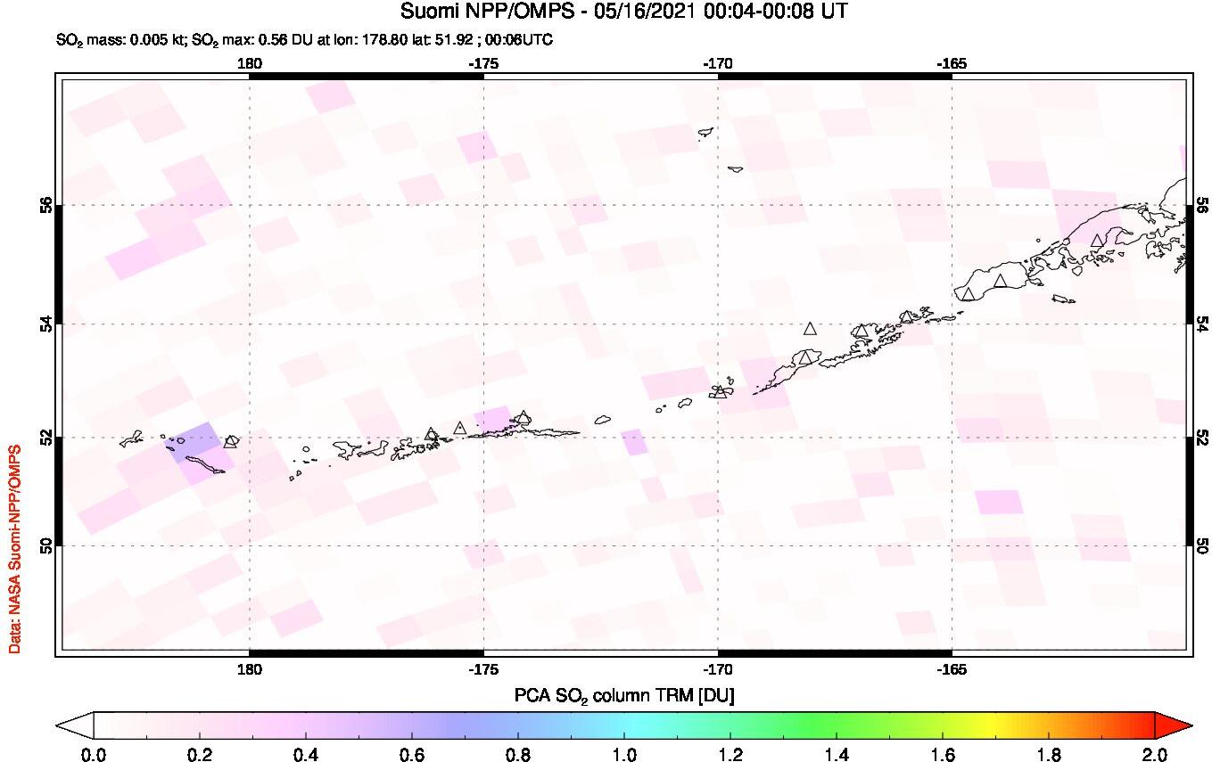 A sulfur dioxide image over Aleutian Islands, Alaska, USA on May 16, 2021.