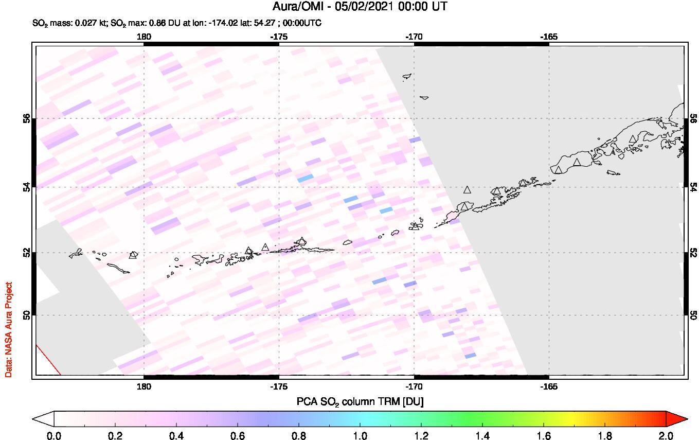 A sulfur dioxide image over Aleutian Islands, Alaska, USA on May 02, 2021.
