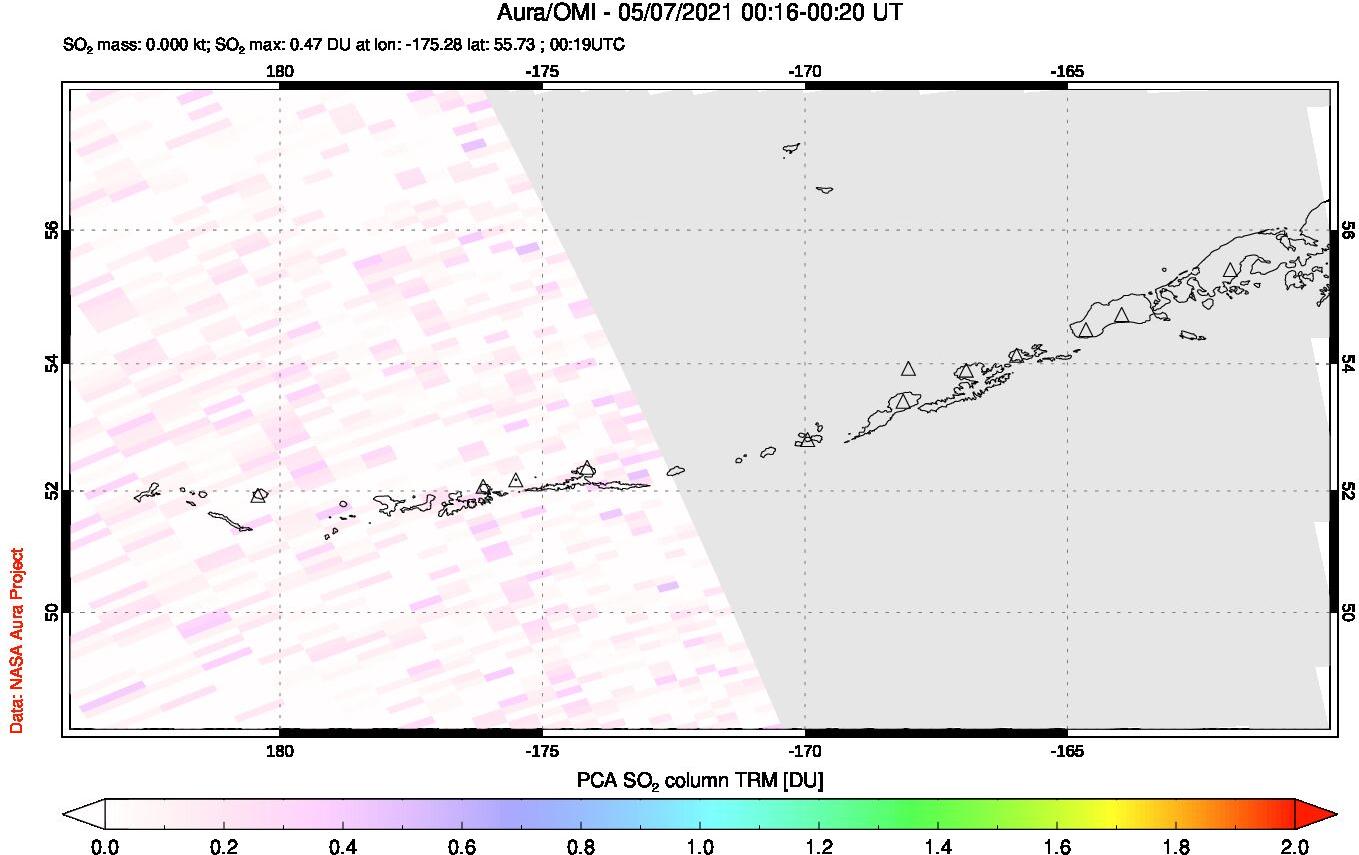 A sulfur dioxide image over Aleutian Islands, Alaska, USA on May 07, 2021.