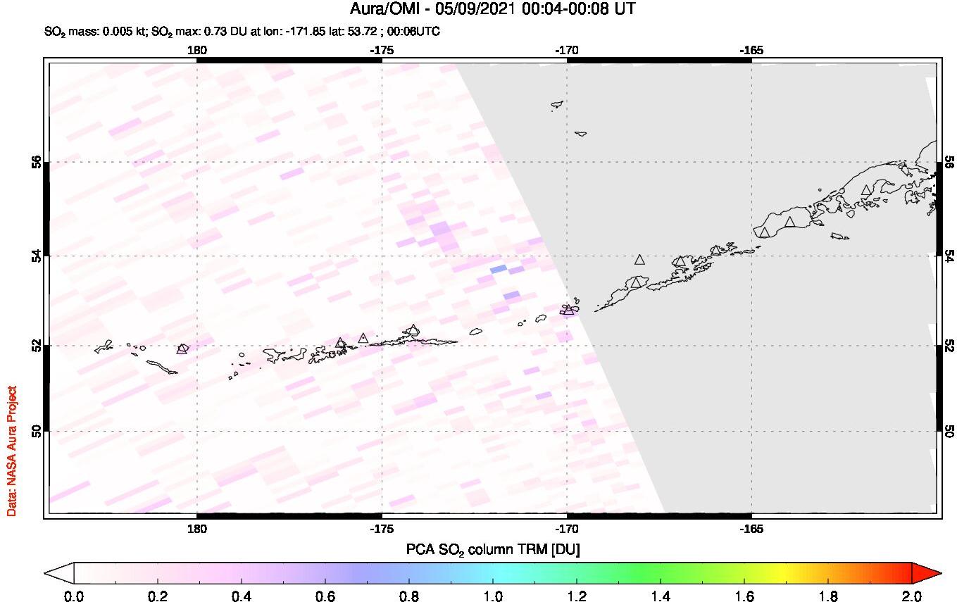 A sulfur dioxide image over Aleutian Islands, Alaska, USA on May 09, 2021.