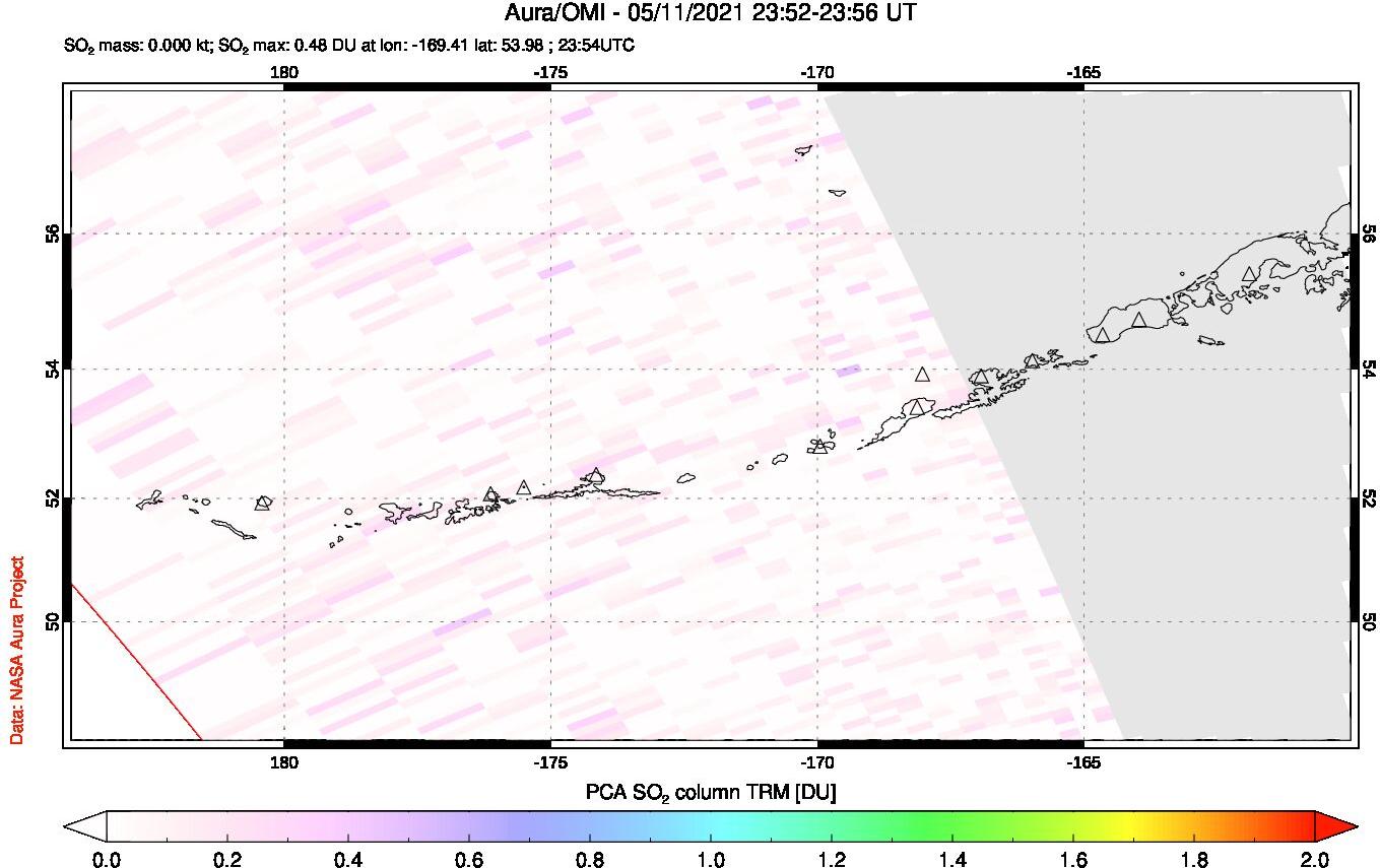 A sulfur dioxide image over Aleutian Islands, Alaska, USA on May 11, 2021.