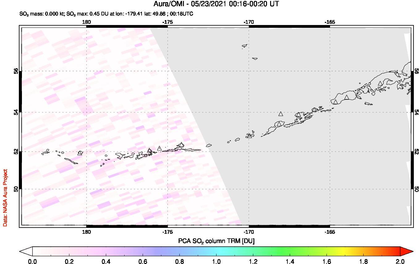 A sulfur dioxide image over Aleutian Islands, Alaska, USA on May 23, 2021.