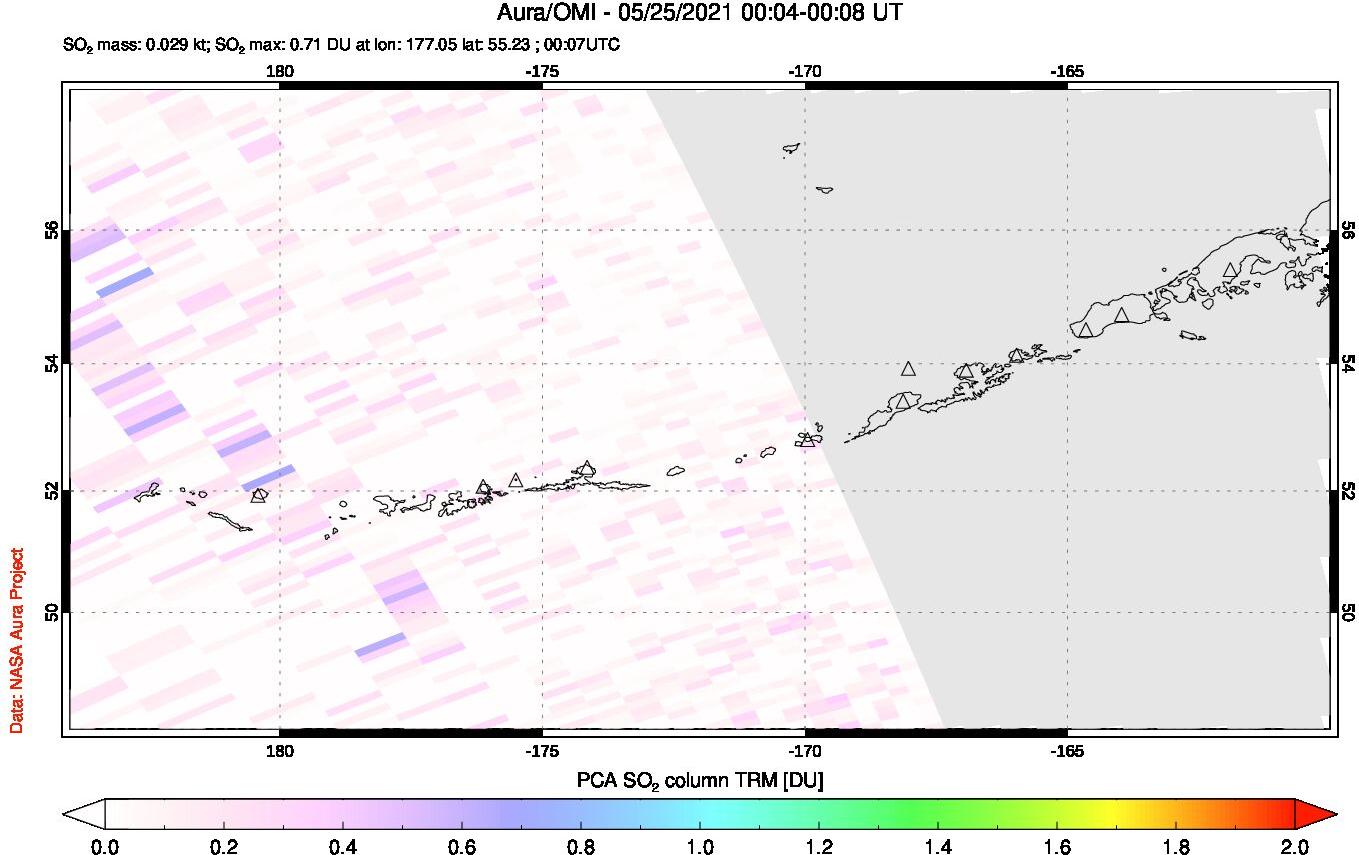 A sulfur dioxide image over Aleutian Islands, Alaska, USA on May 25, 2021.