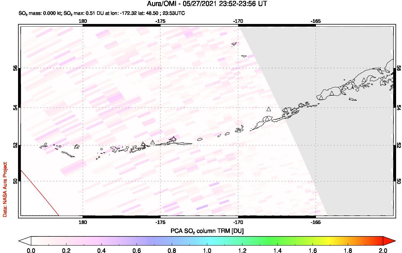 A sulfur dioxide image over Aleutian Islands, Alaska, USA on May 27, 2021.