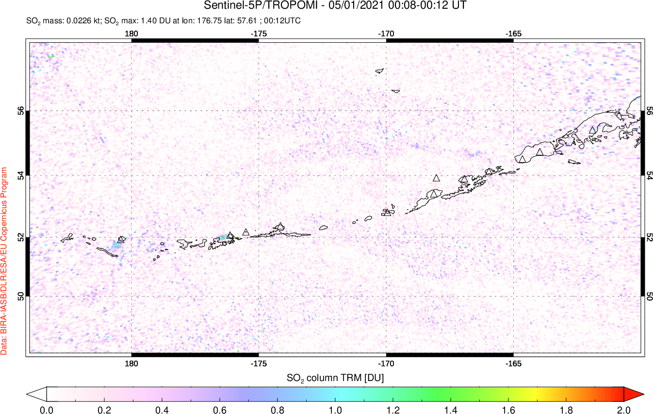 A sulfur dioxide image over Aleutian Islands, Alaska, USA on May 01, 2021.